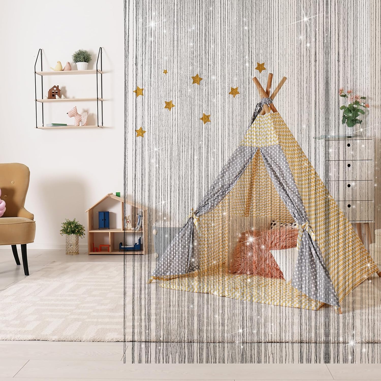 4 Pieces Glitter String Curtains Doorway Beads Curtains, 39 x 79 Inch Hanging Fringe Hippie Room Divider Door String Curtain Boho Doors Tassel for Doorways, Windows, Closet, Privacy Decor (Silver)