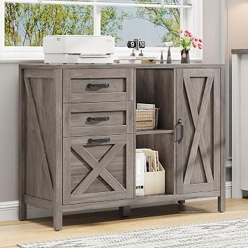 Vabches Lateral File Cabinet, Farmhouse 3 Drawer File Cabinet with Open Storage Shelf for Letter/A4/Legal Size Hanging Files, Large Wood Storage Cabinets Printer Stand for Home Office, Grey