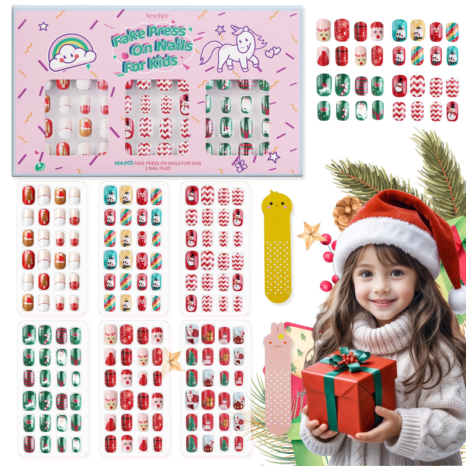 144Pcs Kids Press on Nails Children Girls Press on Short Artificial Fake Nails No fading Stable Quick Stick on Cute Pre Glue Full Cover Acrylic Nail Tip Kit Gift Kids Nail Decoration (Christmas Style)