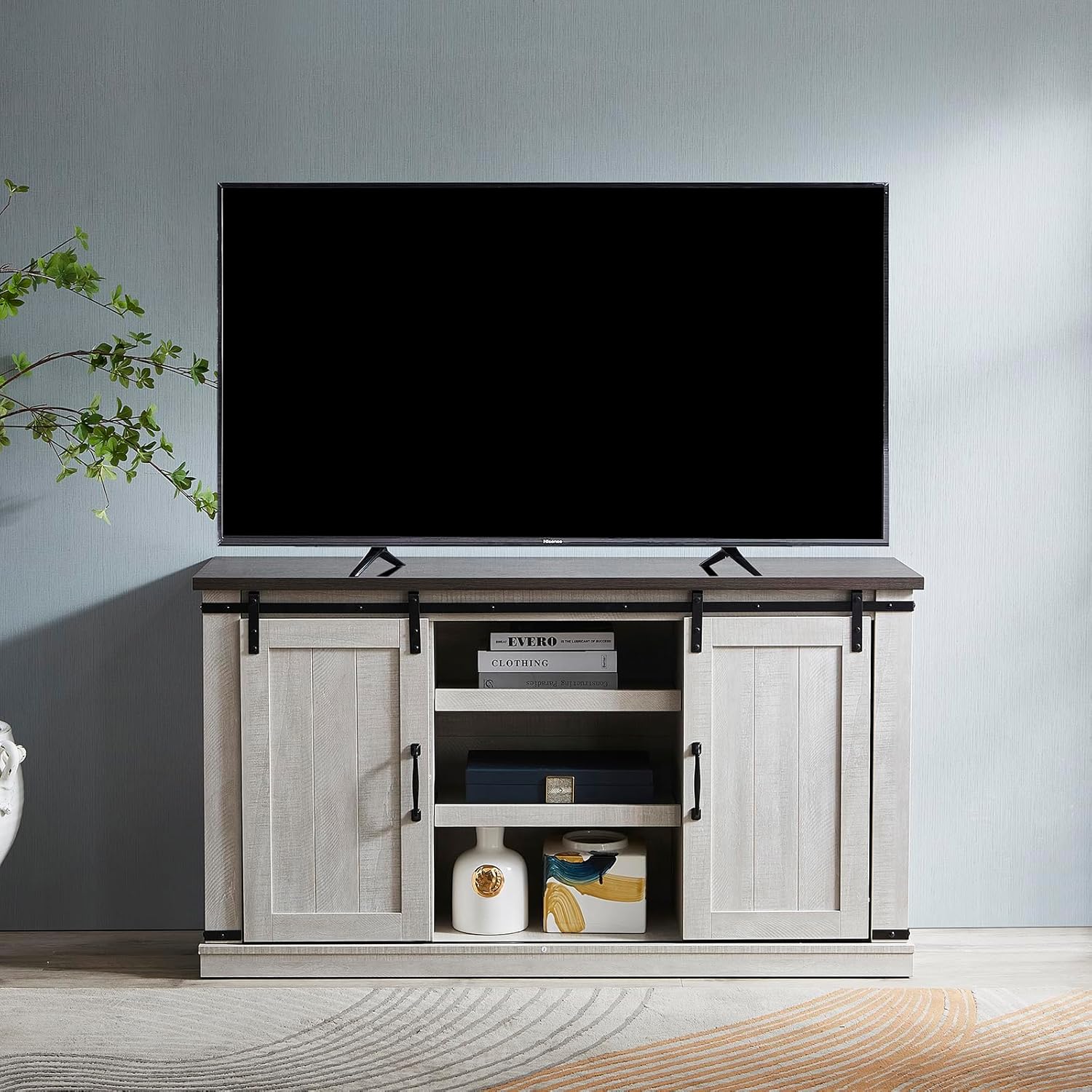 Television Stands Entertainment Centers Modern Farmhouse Wood TV Stand for TVs up to 65 Inch, Home Living Room Storage Table Cabinet Doors and Shelves Stone, Light Gray