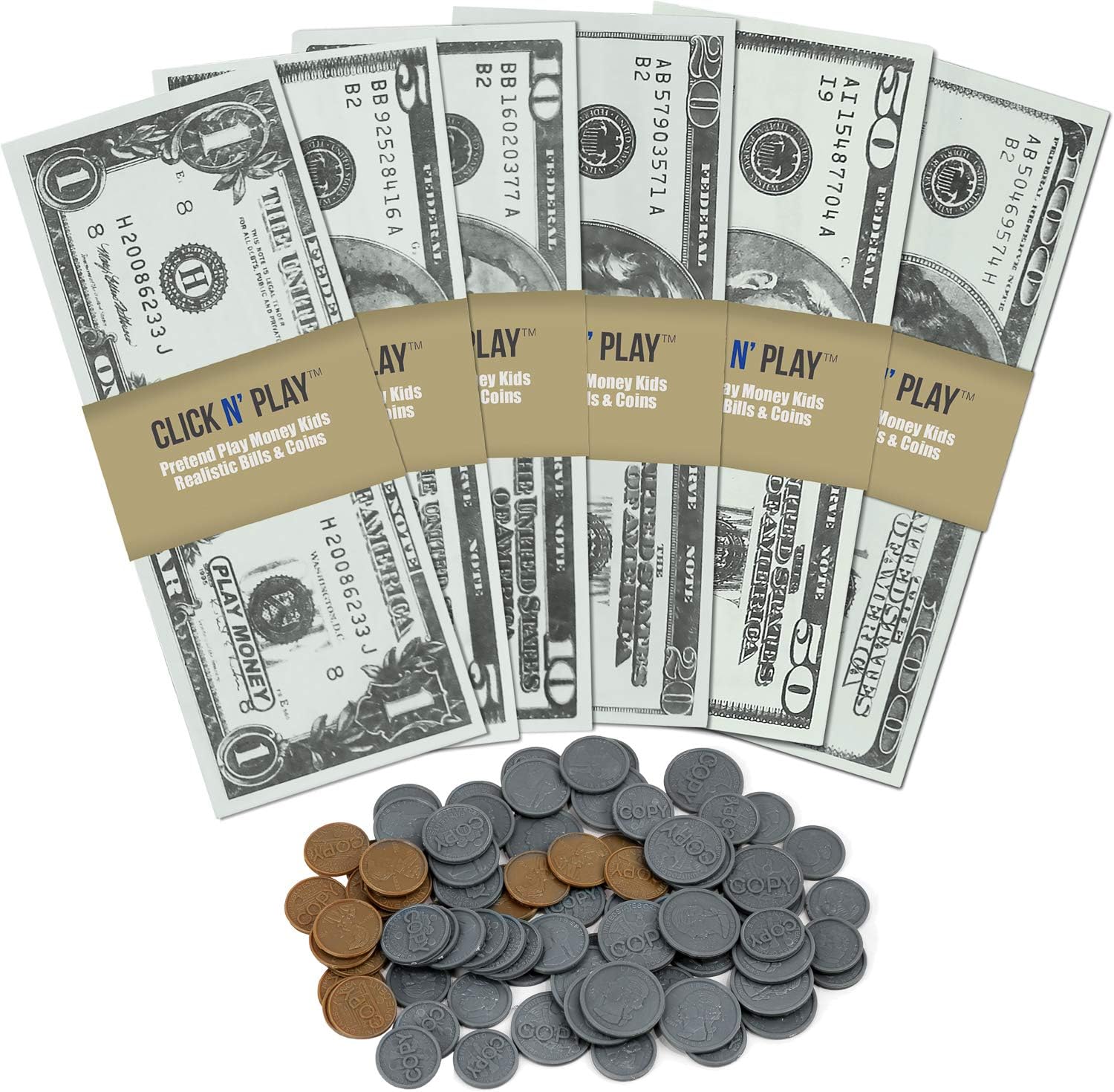 Click N' PlayPretend Play Fake Money for Kids - 150-Piece Set of Realistic Bills & Coins, Perfect for Counting, Math & Currency Set Skills, Engaging & Educational Copy Money Collection for Children