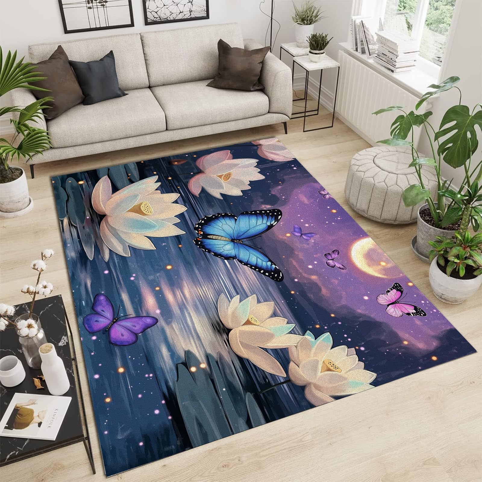 Alfombra con estampado de loto retro y mariposas 3D lavable para interior