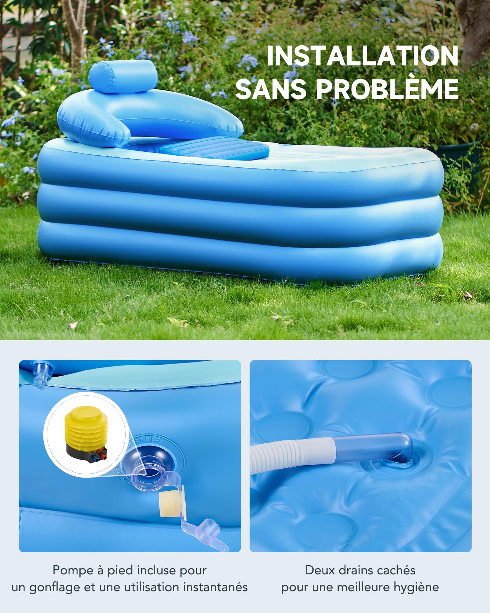 CO-Z Baignoire Gonflable Pliable Portable pour Adultes en PVC, 160x84cm Capacité 220kg, avec Couvercle Détachable Porte-Gobelet Pompe à Pied