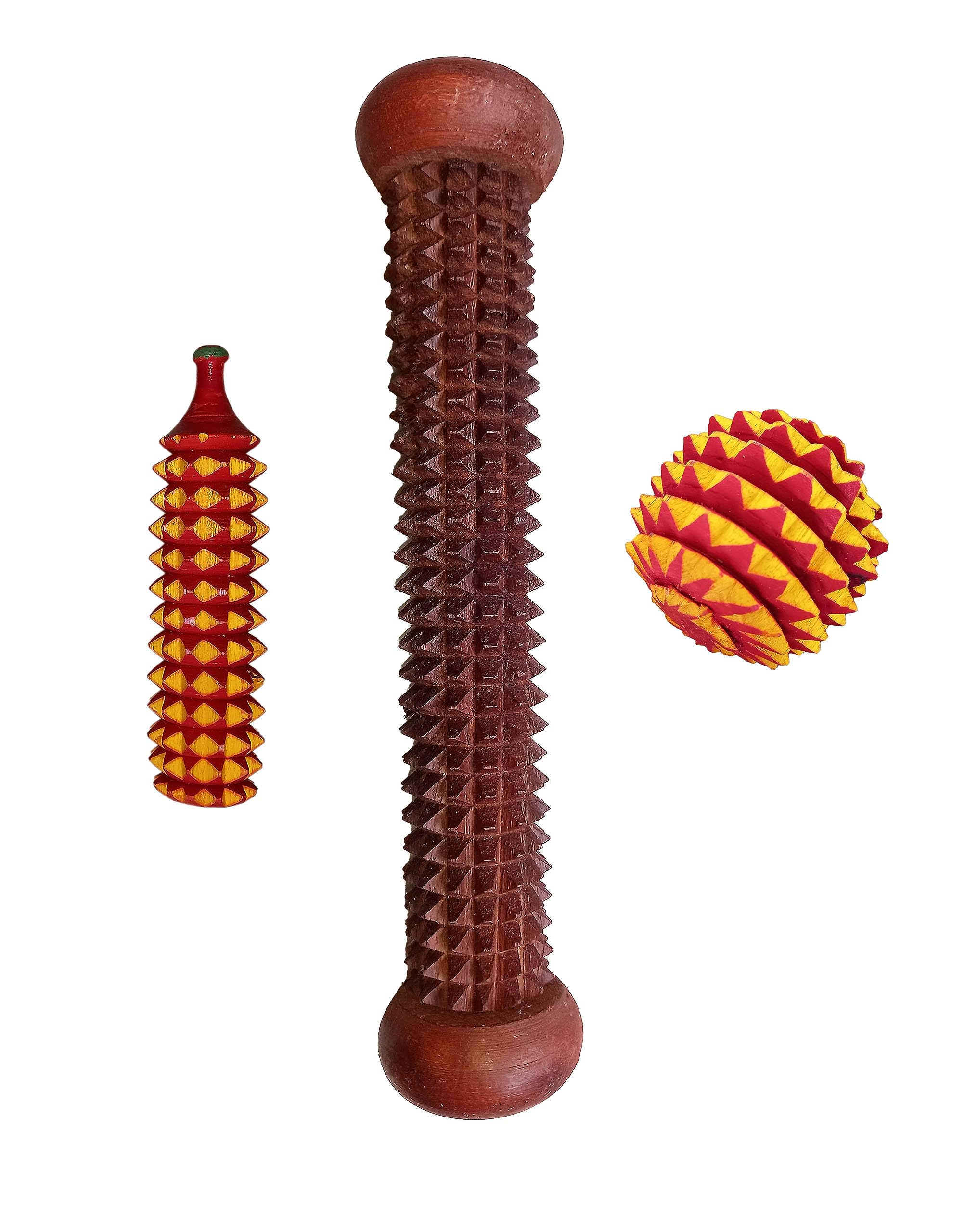 Zippiwud Solid Wood Roller Massager with Ball and Krela (Brown) II Acupuncture Tools Dual Touch Massge Care Product for Foot and Hand Palm