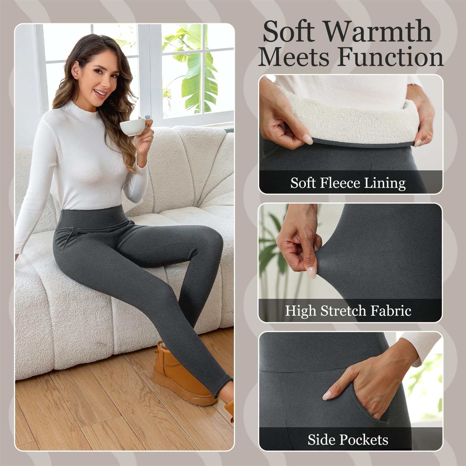 EDOTON Leggings da Donna a Vita Alta Caldi Pantaloni Invernali con Tasche Fodera in Pile per Sport e Yoga