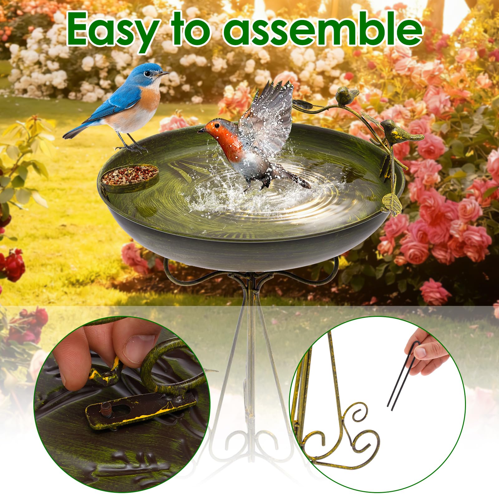 Vogeltränke Stehend 102x31cm Vogelbad Groß Retro mit 5-Krallen-Basis Kleine Schale Wassertränke für Vögel Rostschutz Kippschutz für Terrassen Rasenflächen Gartenoberflächen (Olivgrün)