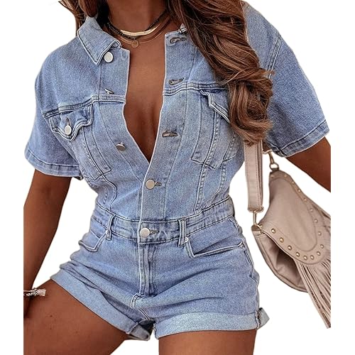 Women's Baggy Vintage Distressed Short Denim Jumpsuit Short Sleeve Button Down Jean Jumpsuit Rompers