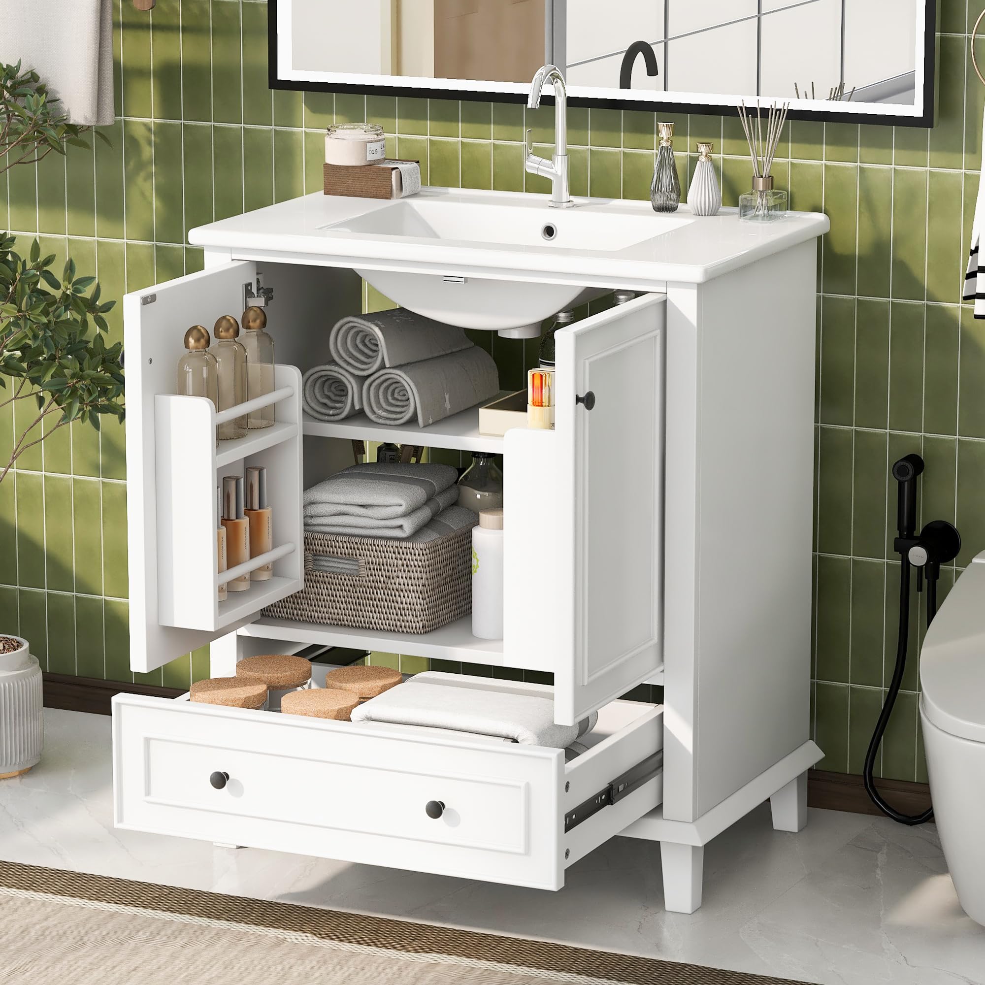 Armadietto Da Bagno Con Lavabo In Ceramica 76x46x87 Cm – MDF E Gambe In Legno Massello, Bianco, Resistente All'Umidità