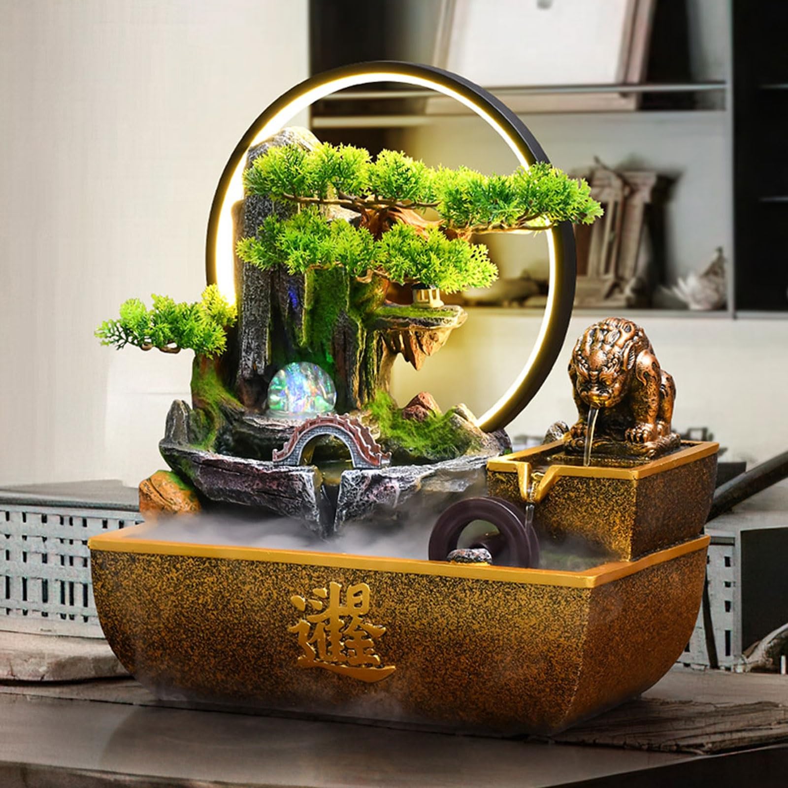 Humidificador atomizador de interior con plantas artificiales y lámpara LED para relajación en el hogar