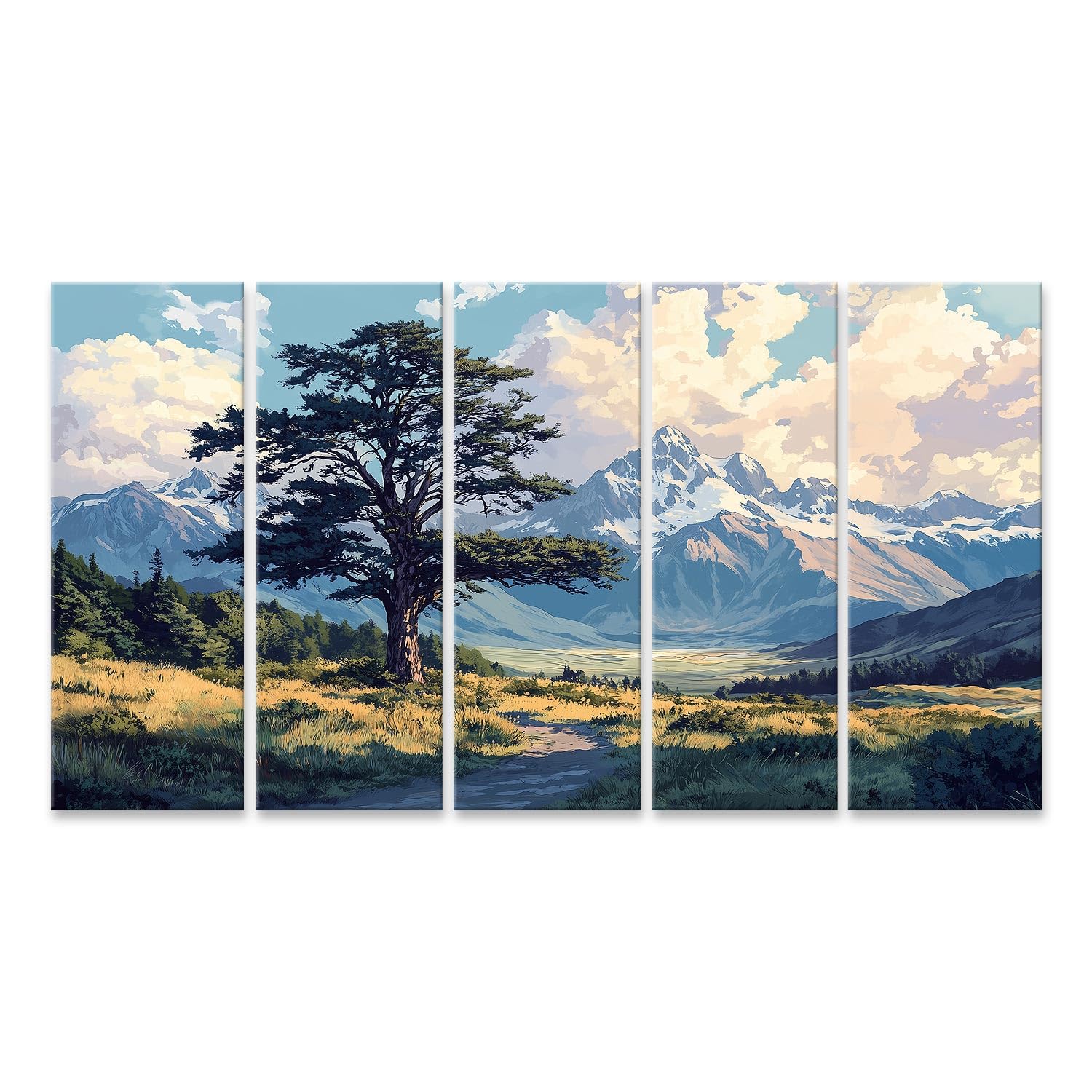 islandburner Primer cuadro sobre lienzo árbol frente a majestuosos picos de montañas y nubes cuadros cuadros murales carteles