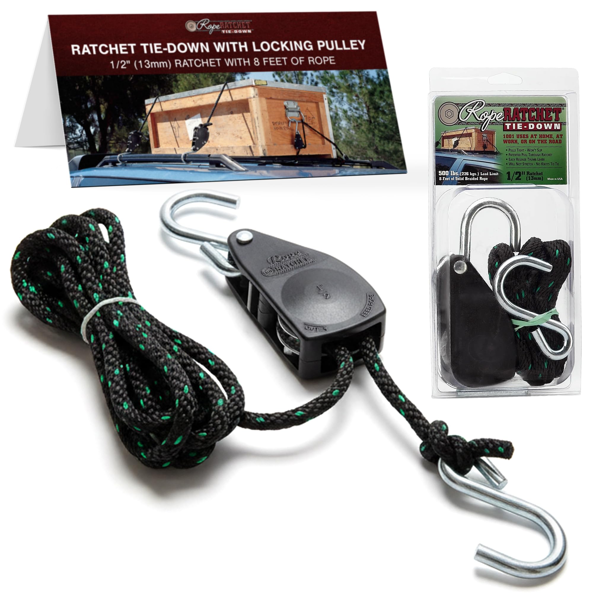 Rope Ratchet 1/2" with Locking Pulley, Adjustable Hanger for Grow Lights, Canopies, Kayaks, Tents, Camping, 8' Braided Polypropylene Rope, 500 lb Capacity, Ideal for Roof Rack, Tarp, Canoe Tie Downs