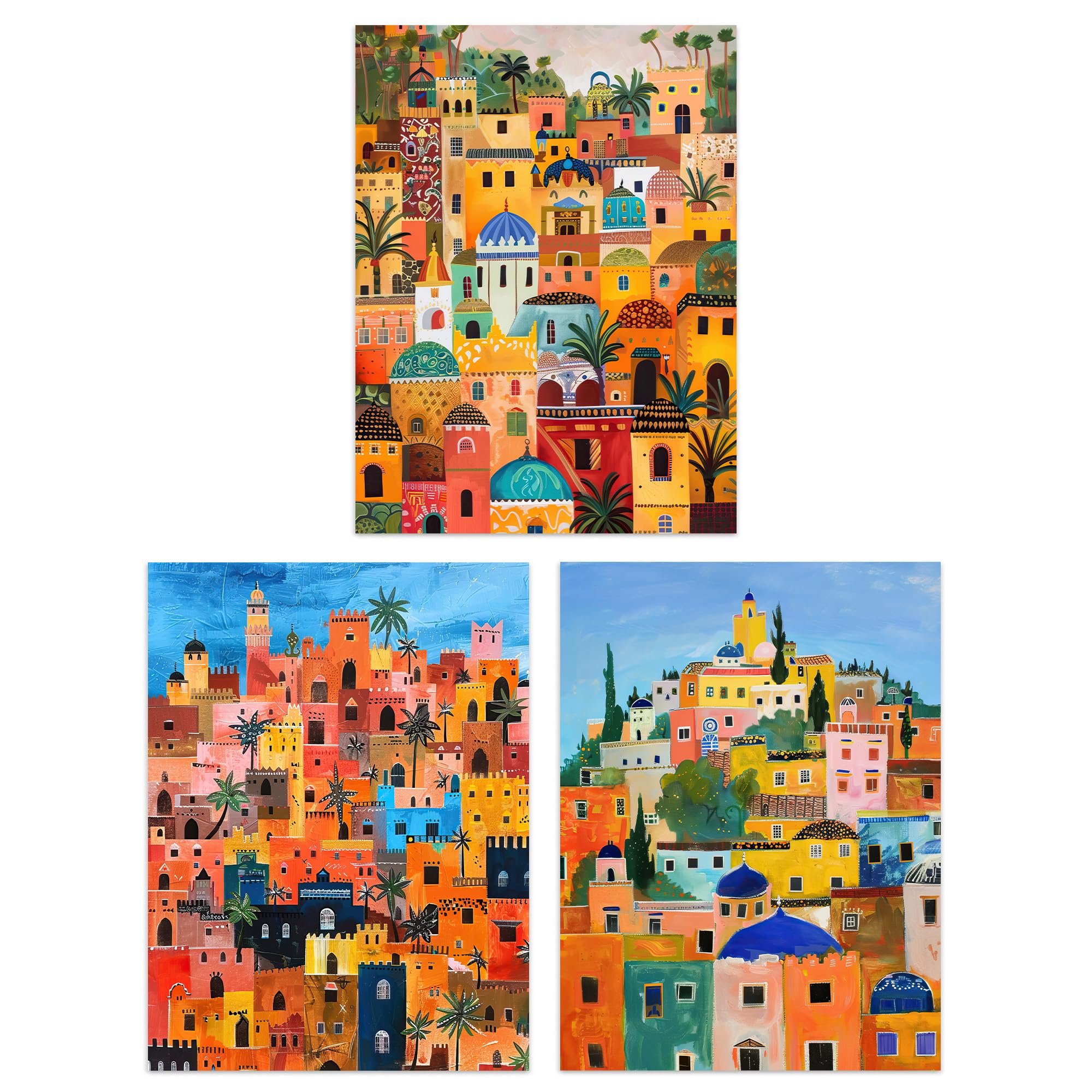 Artery8 Set of 3 Colourful Moroccan Cityscape Paintings Living Room 12X16 Inch Wall Art Prints Pack