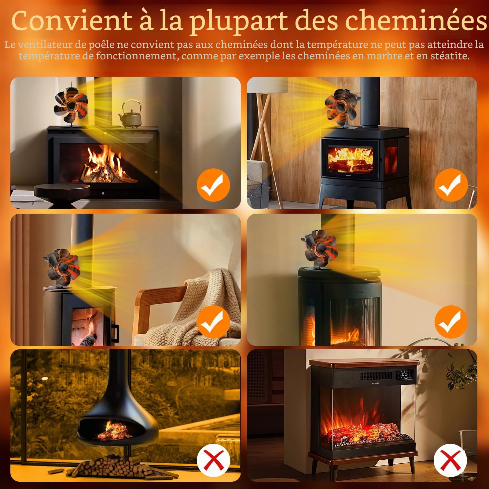 Lvelfe Ventilateur de cheminée, 6 pales silencieux, sans électricité, avec thermomètre, pour poêle à bois, poêle à granulés, cheminée