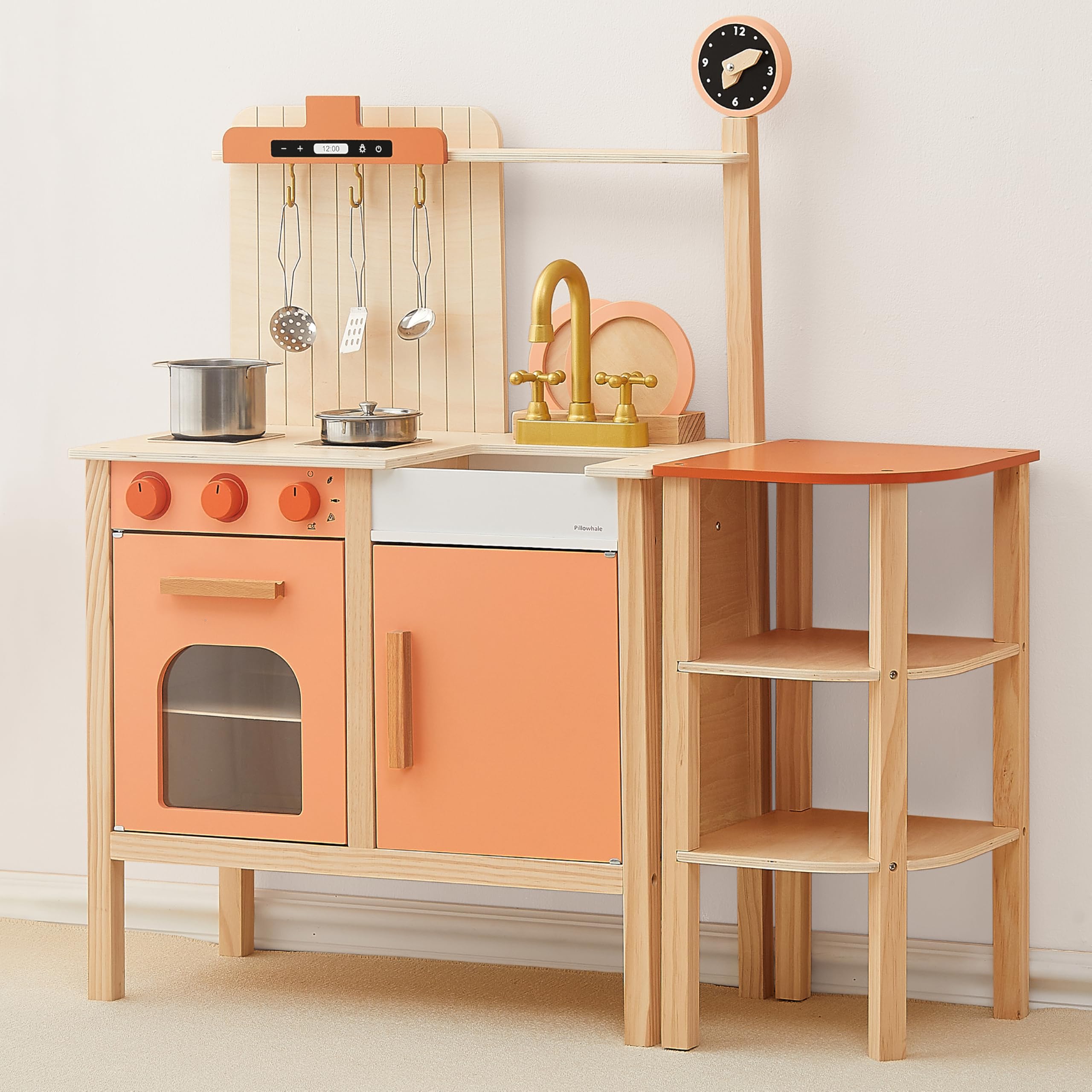 Pillowhale 2-in-1 Wooden Play Kitchen with Storage Rack, Kids Pretend Cooking Set w/Sink, Stove, Microwave & 8 Accessories, Montessori Toddler Kitchen