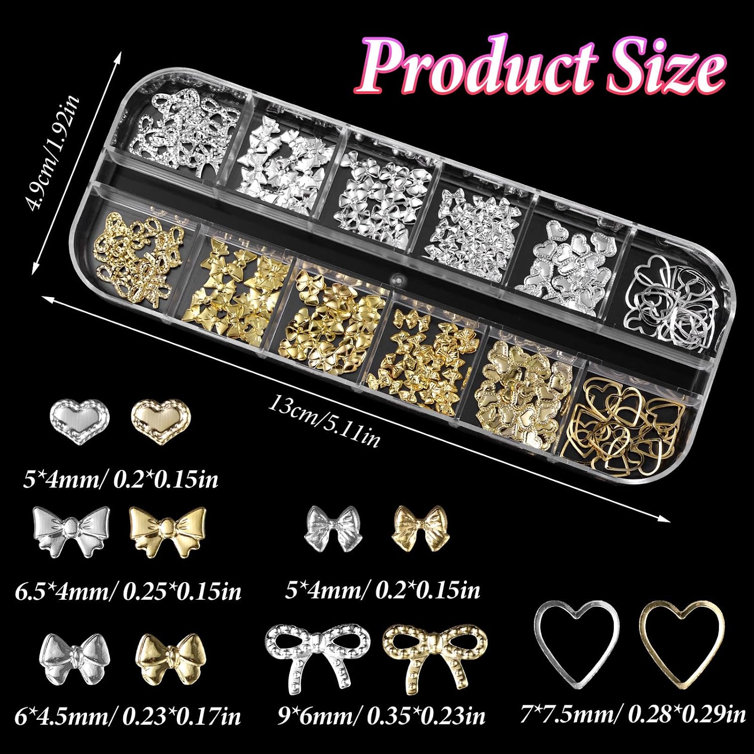 Gold Silver Bow Heart Nail Charms, Hearts Bows Metal Rivet Nail Art Studs, Hollow Bowknot Nails Art Jewelry Charms for Nails DIY Decoration