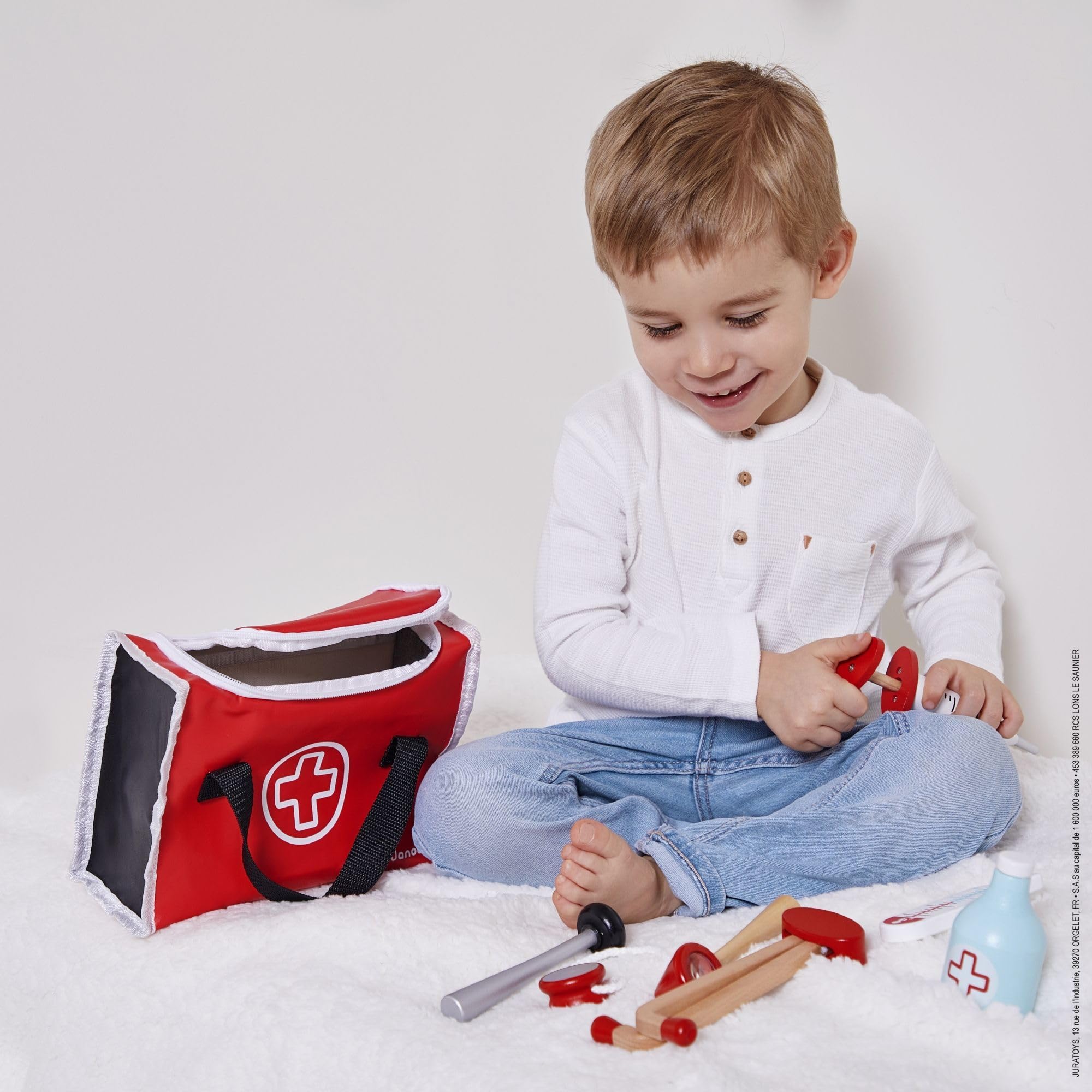 Janod - Malette de Docteur Enfant - 10 Accessoires en Bois Massif Inclus - Jouet d'Imitation - Dès 3 Ans, J06513, Rouge