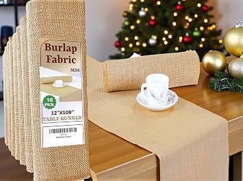 MDS Pack of 10 Natural Burlap Table Runner, 12 x 108 Inch, Jute Vintage Rustic Farmhouse Boho Table Decor for Wedding Reception, Dining Table, Bridal Shower, Baby Shower & Holiday Party Decorations