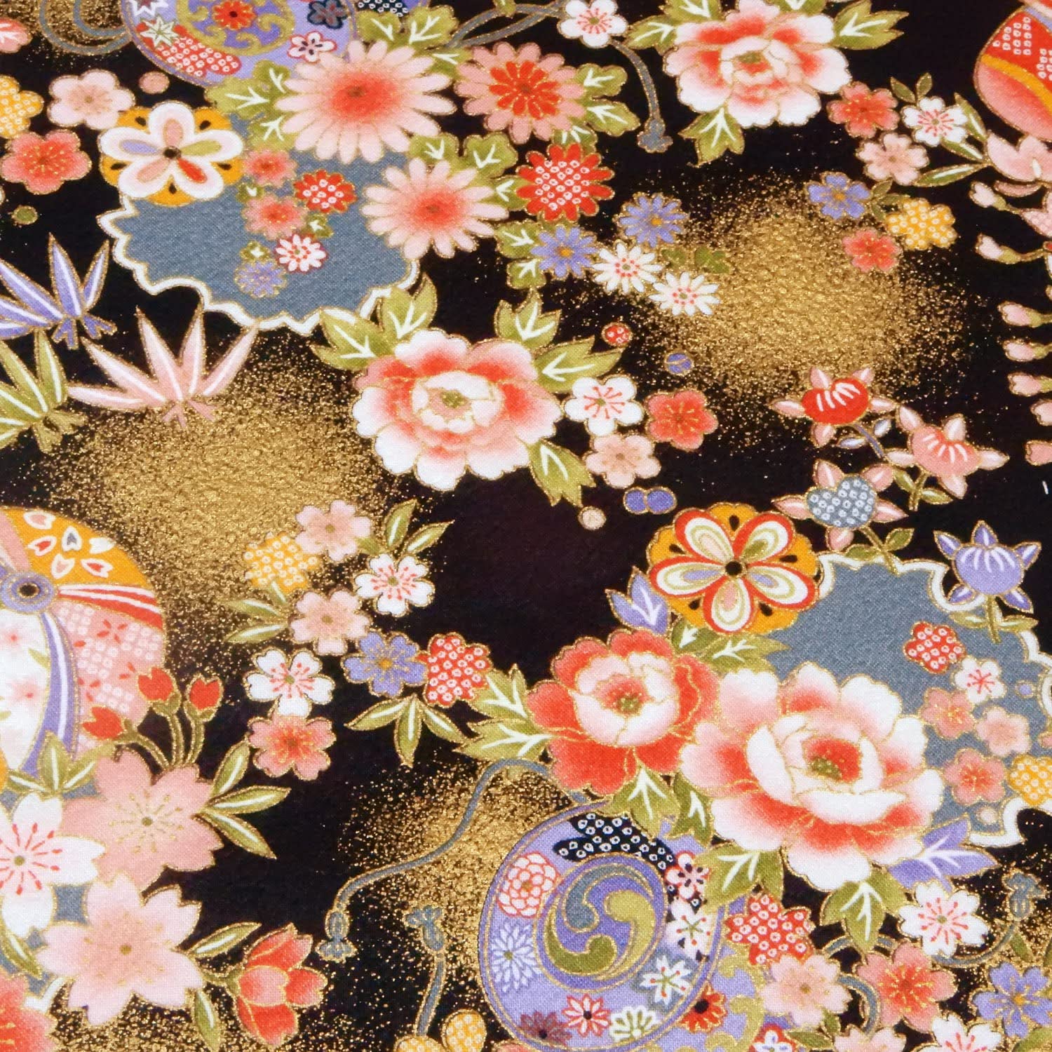 Amazon | 和柄 生地 チリメンエンボス 開花 花手毬と鼓 プリント 