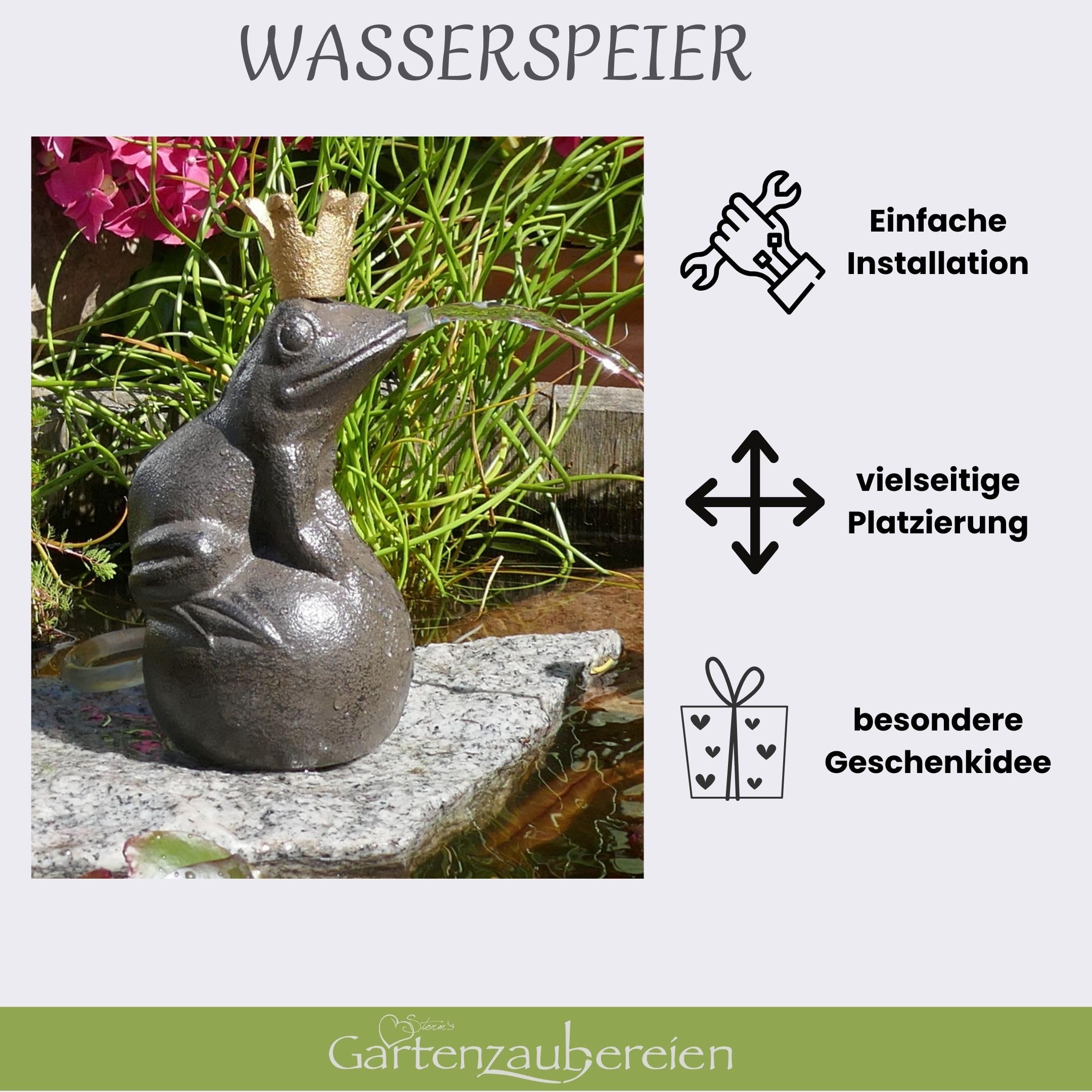 Storm's Gartenzaubereien Wasserspeier Frosch aus Gusseisen mit Akku Solarpumpe 16cm Laufzeit ohne Sonne 4-5 Stunden