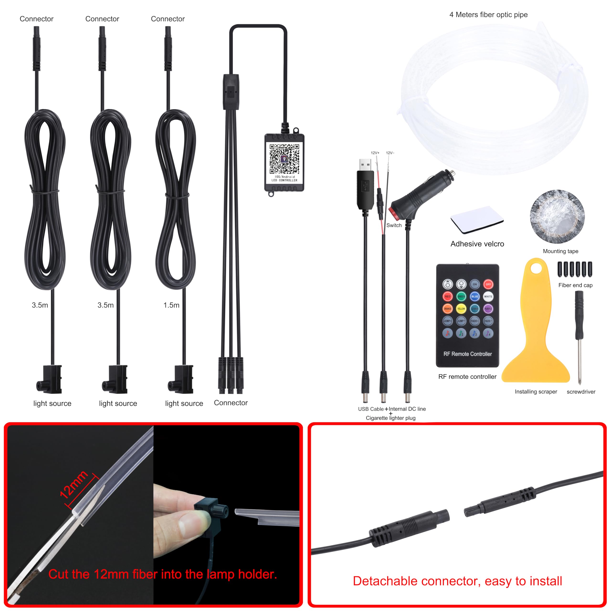 QAUBEN 4 m Optic Fiber Cable Car Ambient Lighting with Bluetooth App Control + RF Remote Control 64 Colors Multicoloured Music Interior Lighting Kit 12V 1W