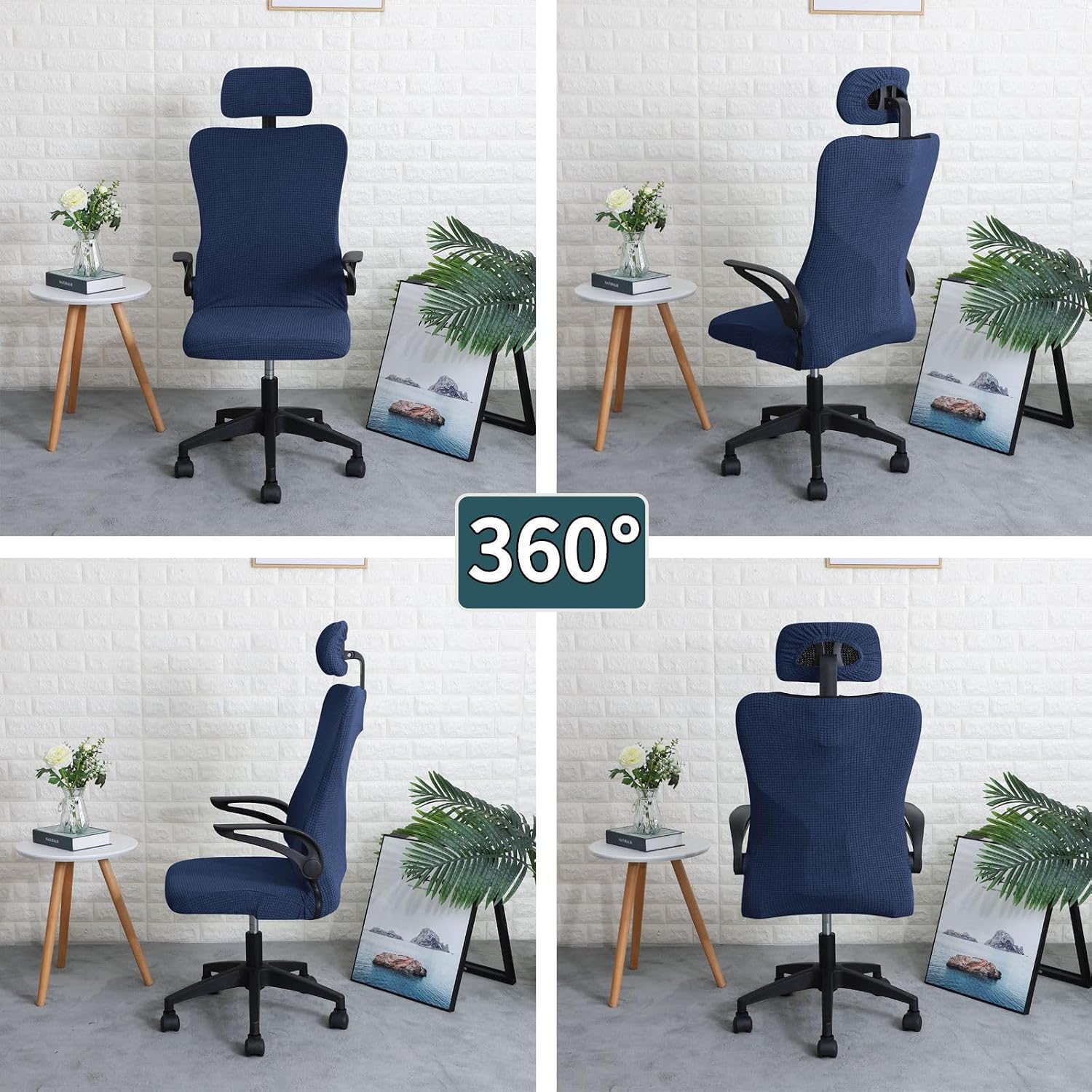 Ergonomic Office Chair Cover, Water Resistant Desk Chair Cover with Headrest Cover Stretch Computer Chair Slipcover Removable Washable for Office Executive Chair-Navy Blue-2 Piece