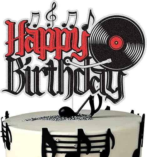 Decoración para tarta de cumpleaños con purpurina negra y roja, disco de vinilo retro Rock and Roll, decoración de pastel de música, disco de CD de