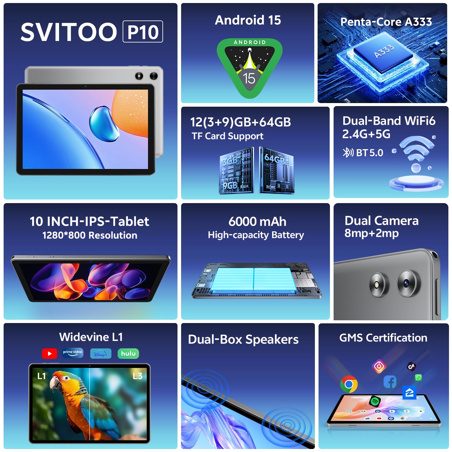 Android Tablet 10 Inch, 2025 Android 15 Tablet for Kids Adults, 12GB RAM 64GB Storage 1TB Expandable, Dual Cameras 8MP 2MP, 6000mAh Dual Speakers Face Unlock WiFi