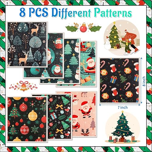 Miniatura 10 de Lucomb Paquete de 8 paños de cocina suecos de Navidad reutilizables, esponjas de cocina, suaves y absorbentes, paños suecos, lavables, decorativos