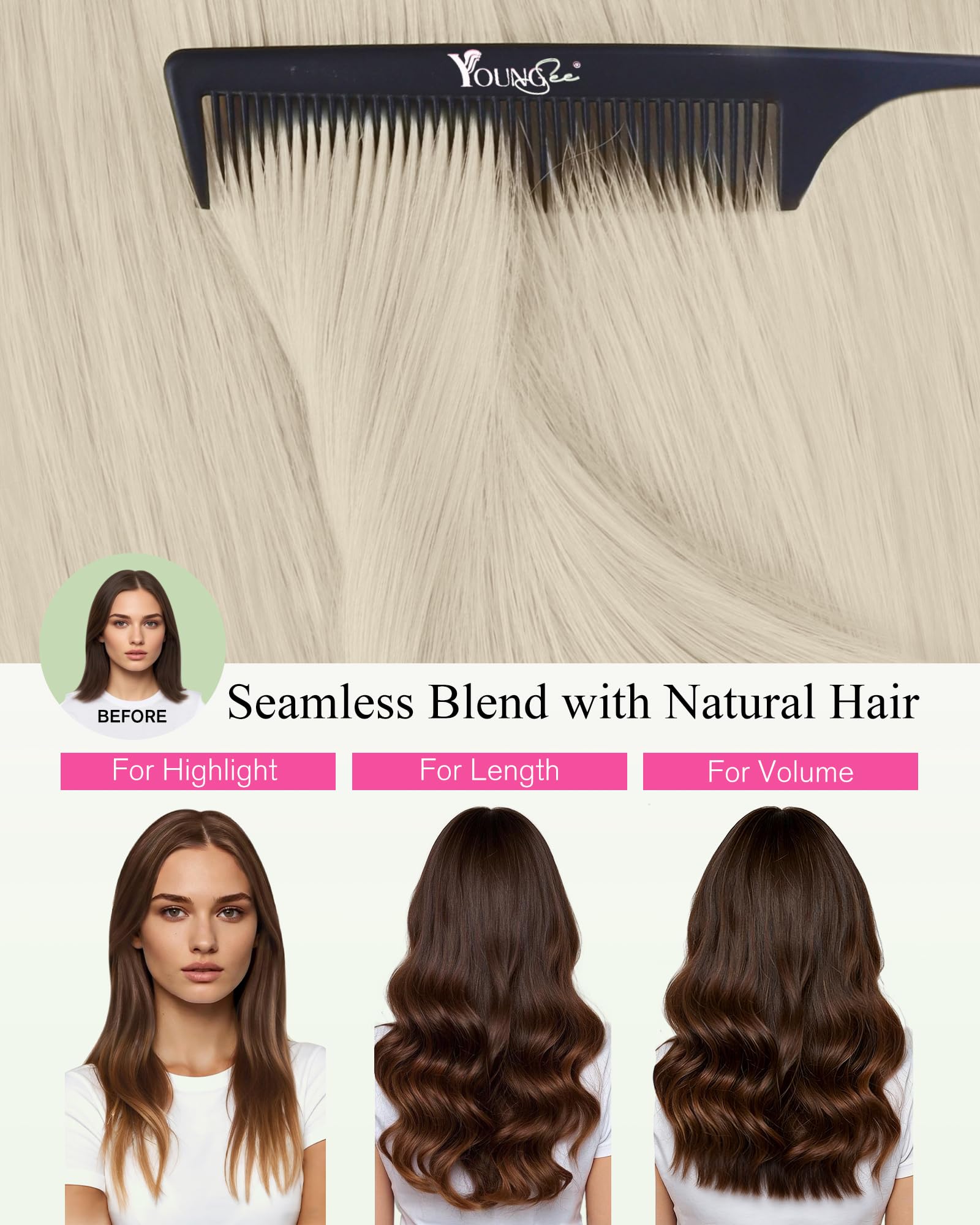 YoungSee Tape Hair Extensions Platinum Blonde 16In Tape in Hair Extensions Real Human Hair for Women 20pcs 50g Easy to Wear Hair Tape-in Extensions Blonde — view 6
