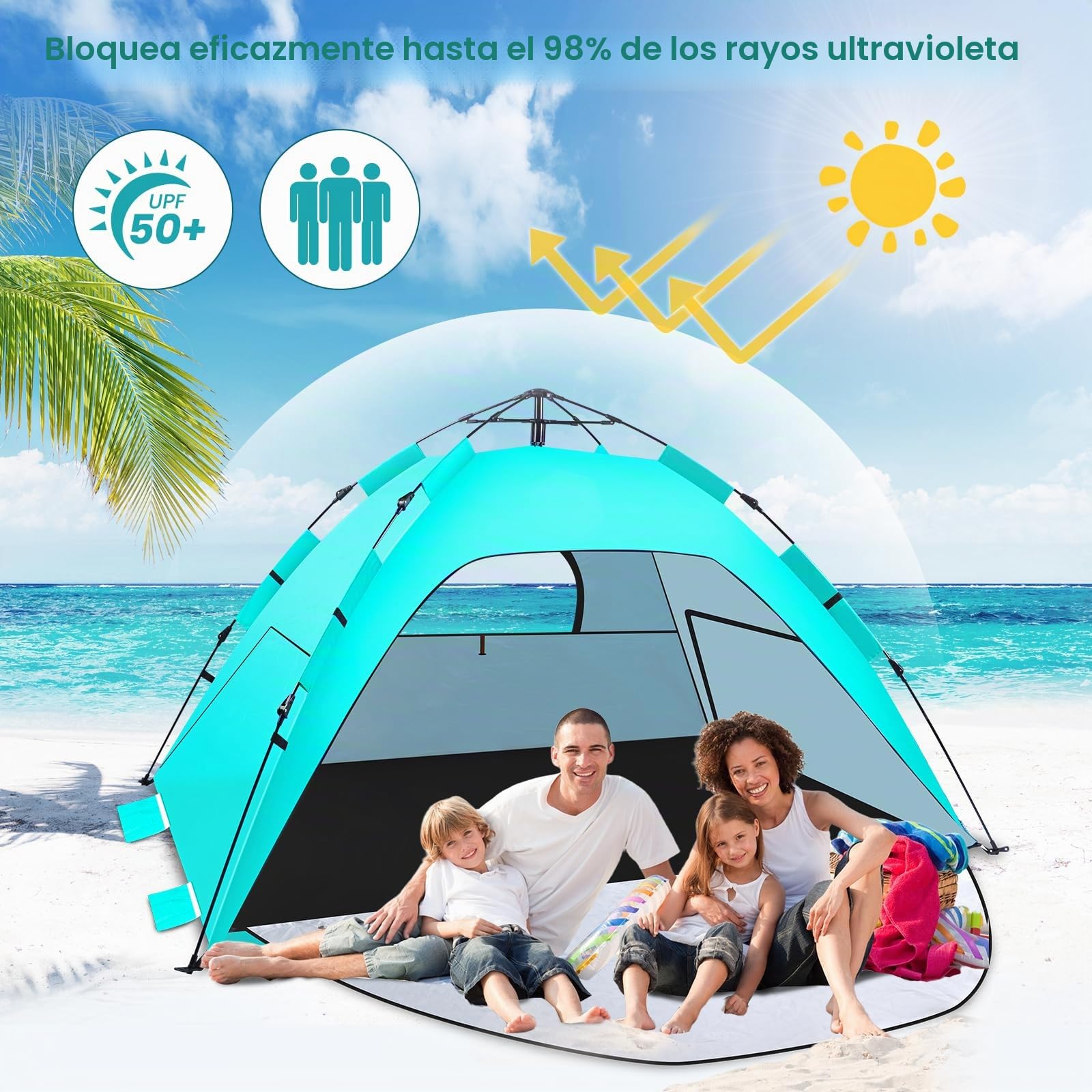 WARMTUYO Tienda de Playa Pop Up | Tienda Playa Instantánea en 3 Segundos para 3-4 Personas, Protección UV50+, Resistente al Viento, Ligera y Portátil para Playa y Camping