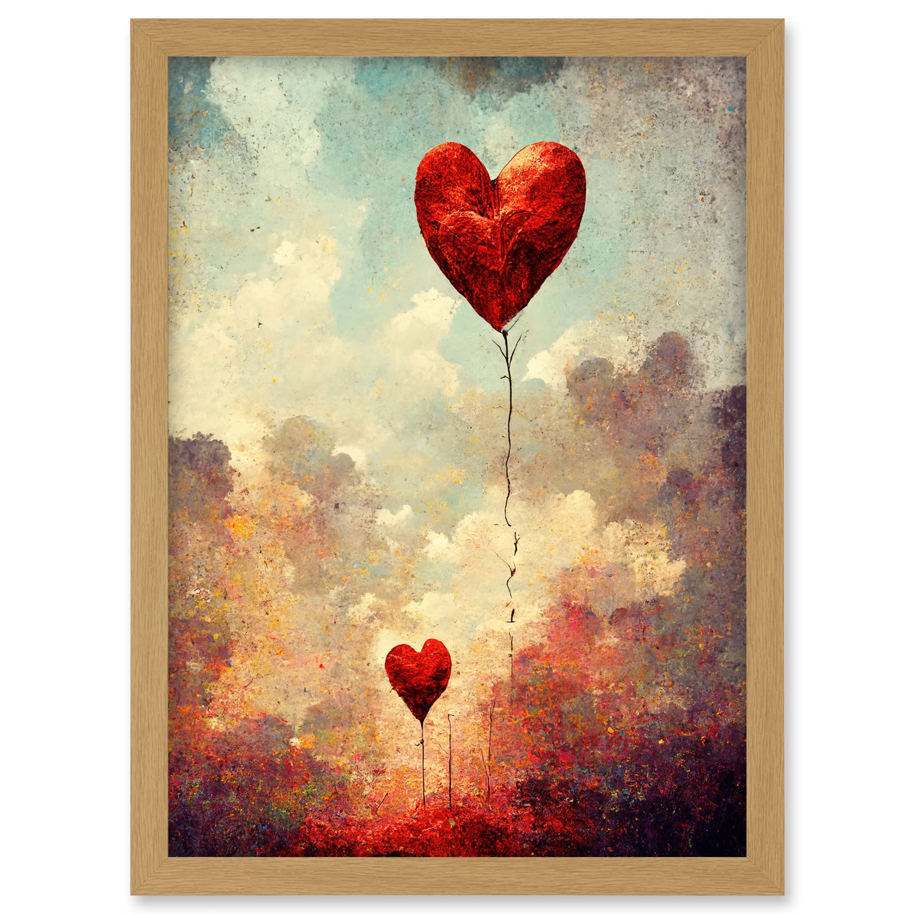 Doppelganger33 LTD Modern Abstract Floating Red Love Heart Balloons Artwork Framed A3 Wall Art Print