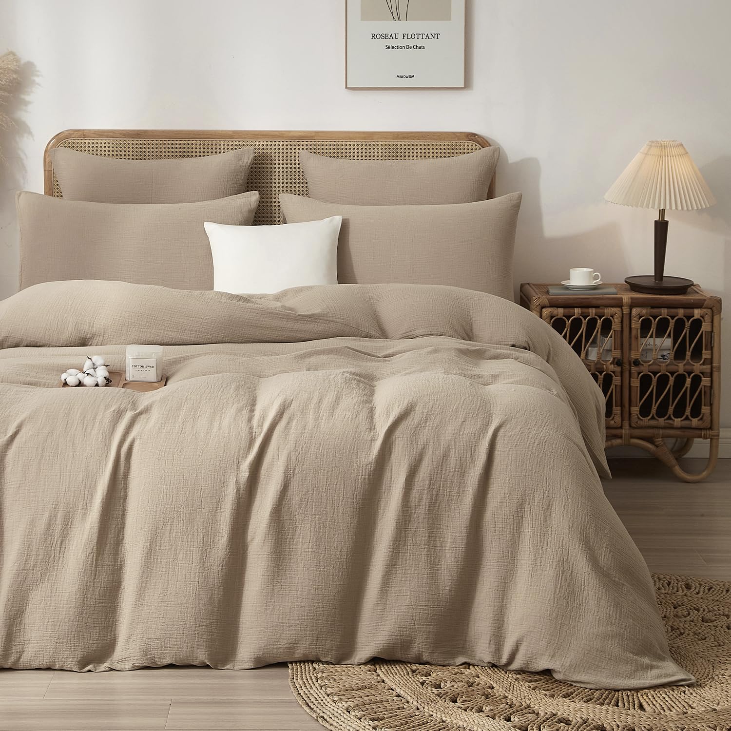 Luofanfei Juego de ropa de cama de muselina de 220 x 240 cm, color marrón topo y caqui, estilo bohemio, refrescante, para verano, suave, no necesita planchado, con cremallera y fundas de almohada de