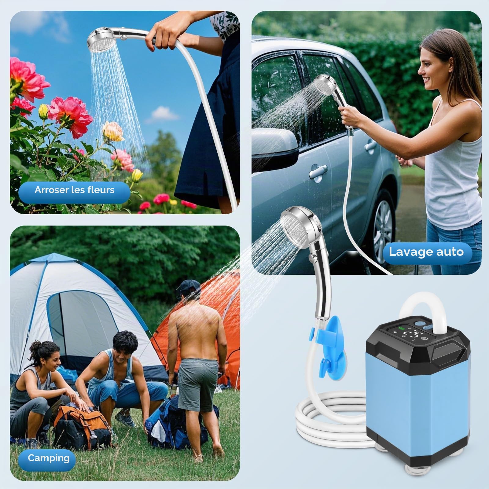 Douche de camping portable - Batterie avec pompe - Fonction stérilisation - 5400 mAh - Rechargeable - Avec pommeau de douche et tuyau de 2 m - Affichage de la température et de la puissance - Pour