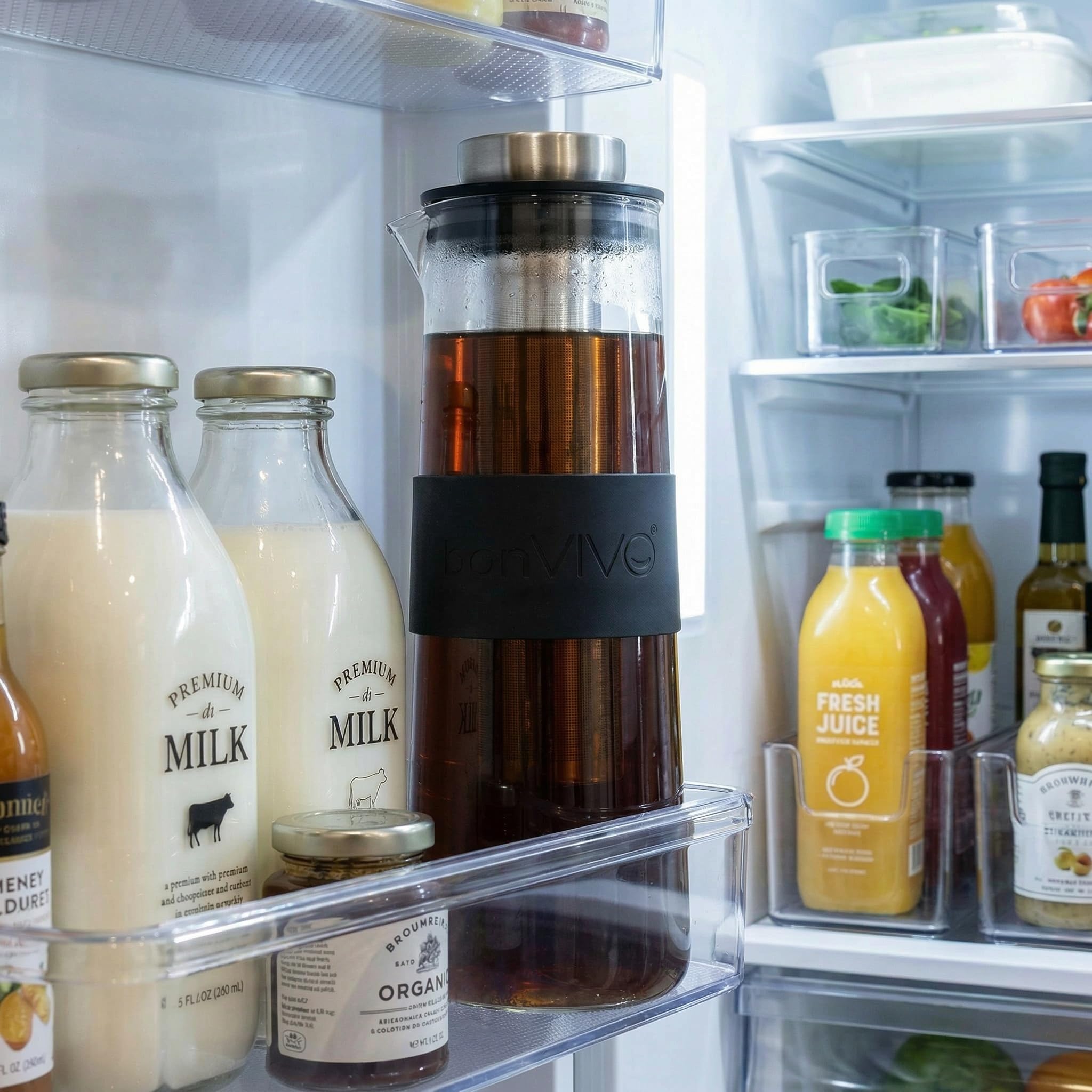 BonVIVO Cold Brew Coffee Maker - 1 Liter Glazen Karaf Met Roestvrijstalen Filter, Perfect Voor IJskoffie & Koude Thee