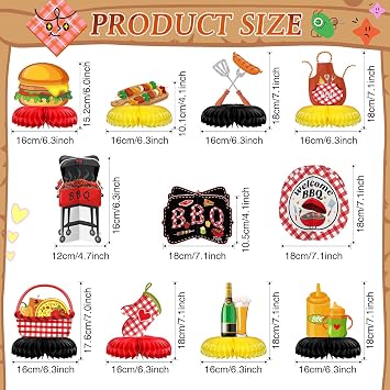 Cholemy 11 Pcs BBQ Party Decorations Baby Q Shower Honeycomb Centerpieces | Summer Picnic BBQ Grill Burger Hot Dog Paper Tabletop Decor Backyard Barbecue Birthday Carnival Party Supplies Favors