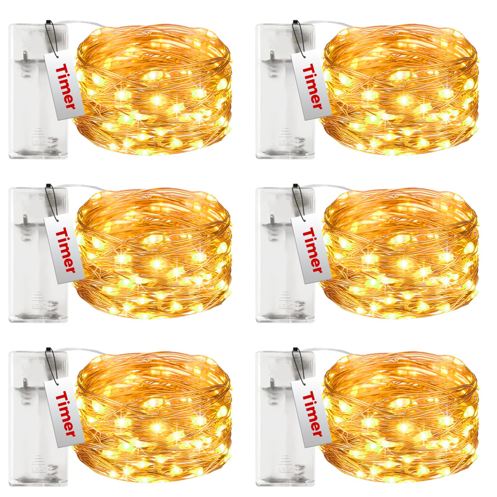 btfarm 6 Stück Lichterkette Batterie mit Timer, Mini Kupferdraht Lichterkette, Lichterketten Batteriebetrieben (AA Batterie) für Party Weihnachten Halloween Hochzeit Innen Deko, Warmweiß