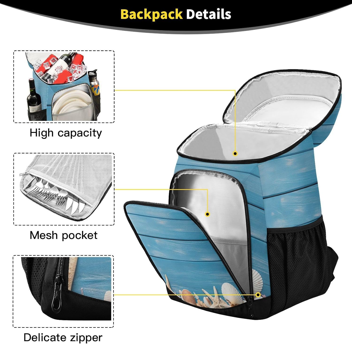 Blue Wooden with Starfish Cooler Backpack 36 Cans Leakproof Waterproof Backpack Cooler Bag Beach Accessories Travel Camping Fishing Backpack for Women Men