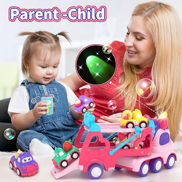 usrela Camion Macchinine 2 3 4 Anni, Bambini Giocattoli 7 in 1 con Suoni e Luci, Compleanno Regalo per Ragazze 1 2 3 Anni, Con 1 Veicoli Camion Trasporto Unicorno, 6 Veicoli Auto Unicorno - 5