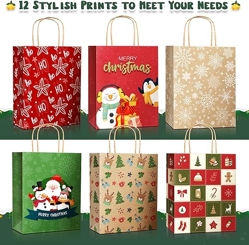 Miniatura 5 de DeckTheHalls Paquete de 24 bolsas de regalo de Navidad con 12 estampados elegantes, bolsas de Navidad con asa resistente, bolsas de regalo