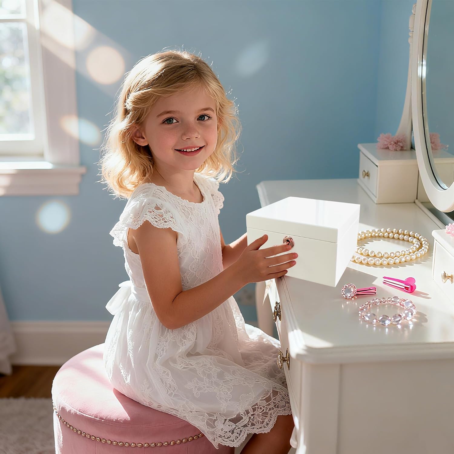 Wooden White Musical Jewelry Box for Girls and Women,Jewelry Storage Box, Music Chest,Gifts for Christmas,Birthday,Valentine's Day and all Holidays-High Gloss Finish