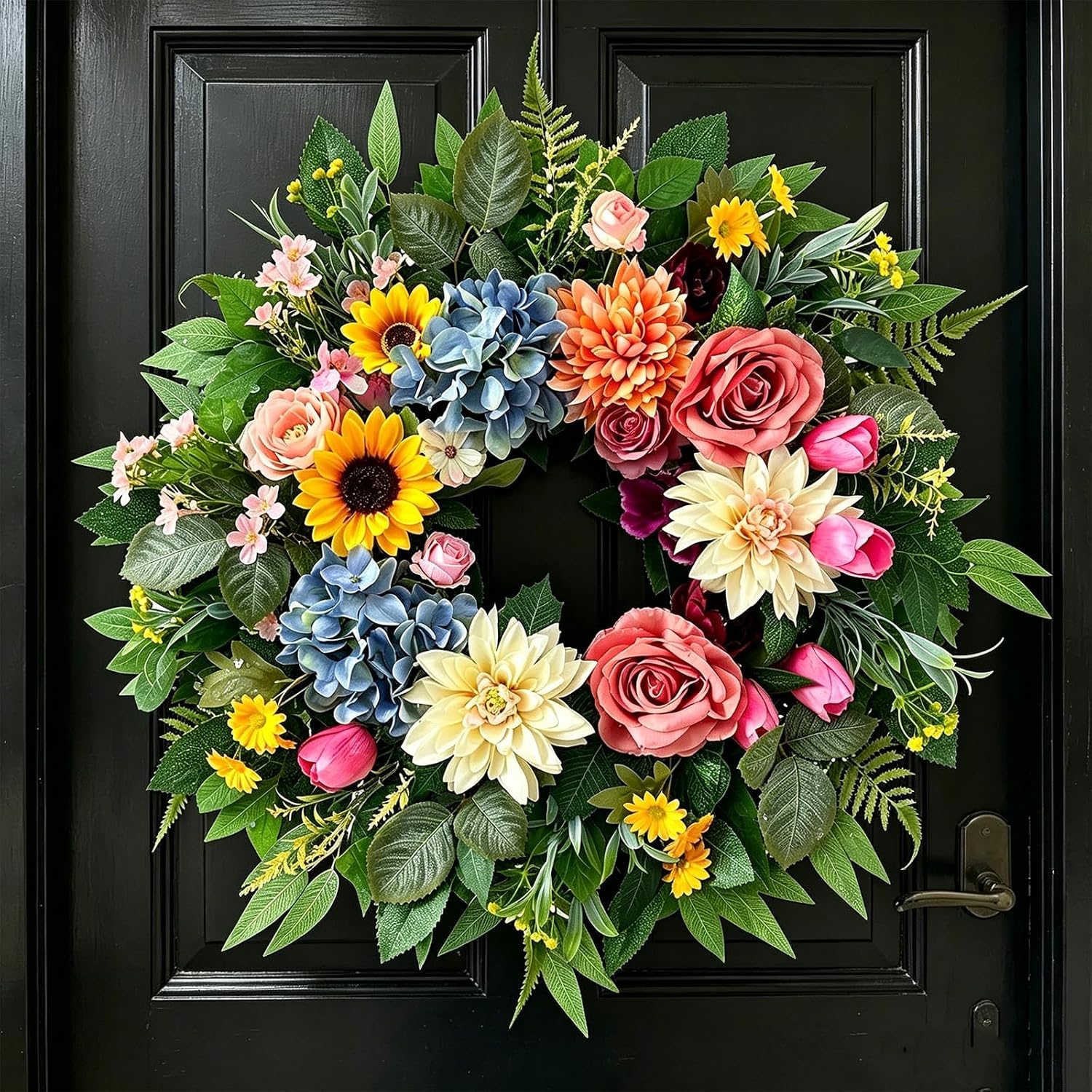 Summer Wreaths for Front Door, 24 Inch Artificial Spring and Summer Wreath with Peonies, Early Summer Chrysanthemums, Hydrangeas, Roses, Sunflowers, and Tulips, Decor for Indoor Outdoor