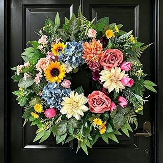 Summer Wreaths for Front Door, 24 Inch Artificial Spring and Summer Wreath with Peonies, Early Summer Chrysanthemums, Hydrangeas, Roses, Sunflowers, and Tulips, Decor for Indoor Outdoor