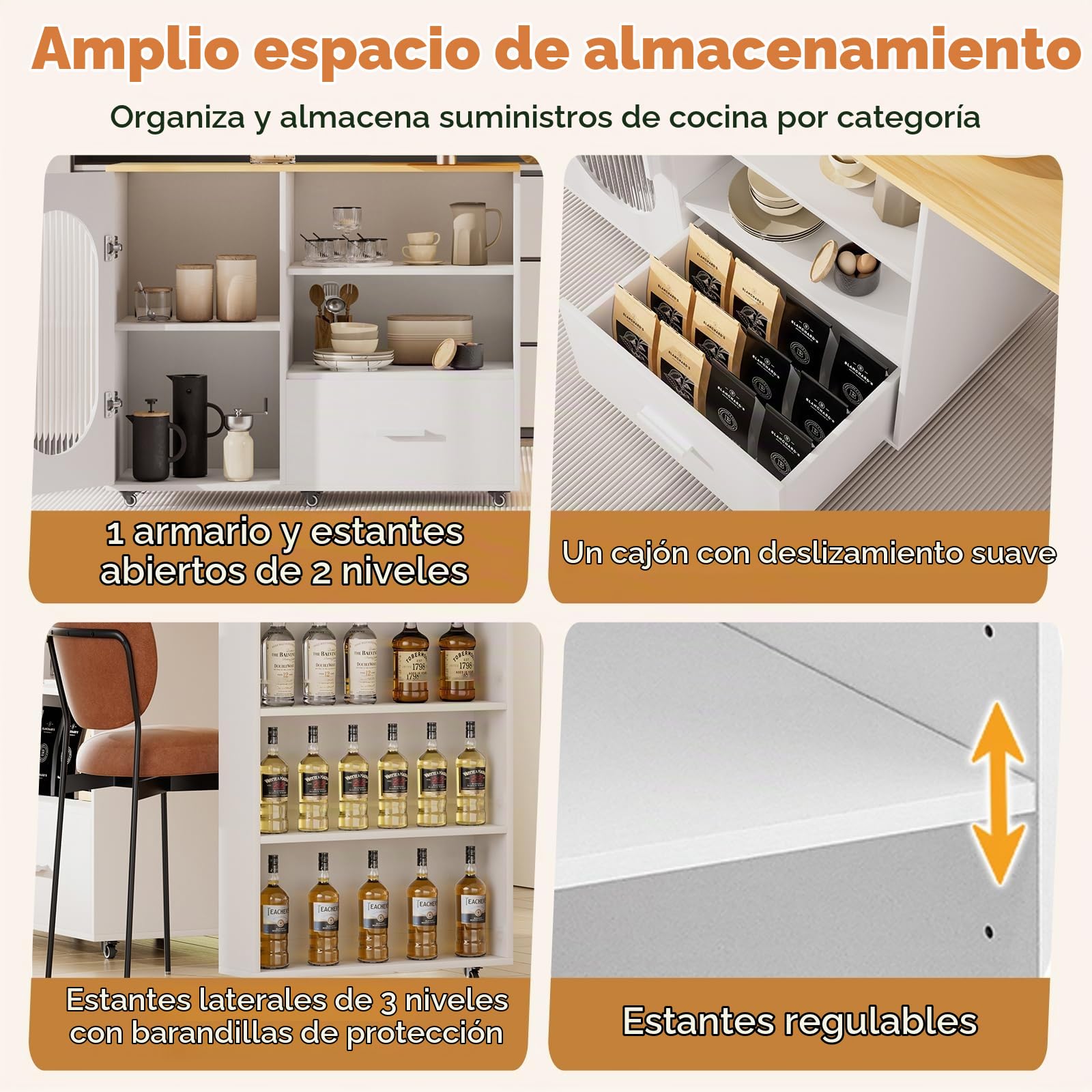 Isla de cocina giratoria 360° con espacio de almacenamiento, carrito de cocina móvil, mesa de bar extensible, encimera de acero inoxidable, barra de desayuno con armarios y cajones para cocina comedor