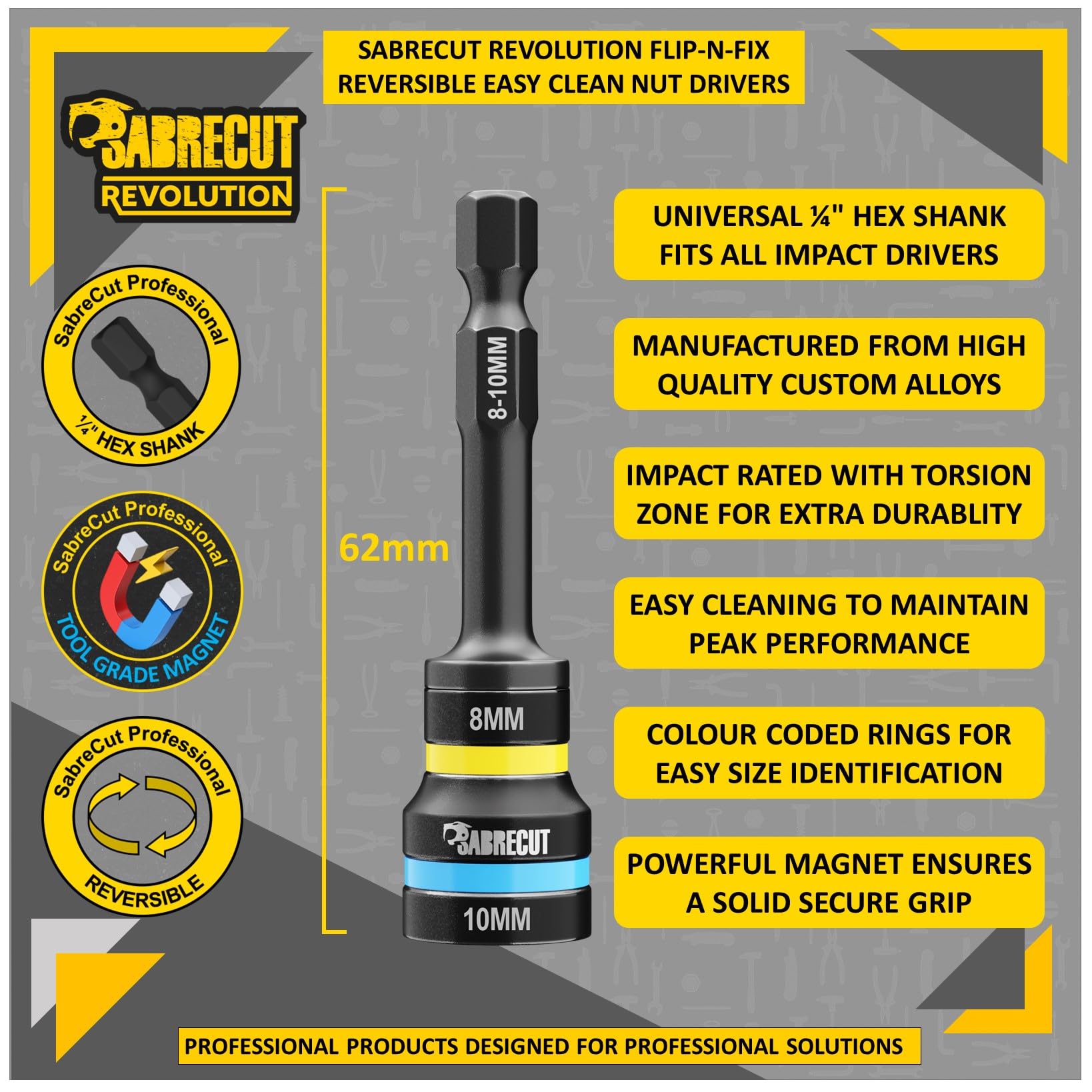 1 x SabreCut SCDIN8-10 Dual Size 8mm & 10mm Magnetic 62mm Long Reversable 2-in-1 Easy Clean Impact Rated Hex Head Nut Socket Driver for Drills and Impact Drivers - Image 2