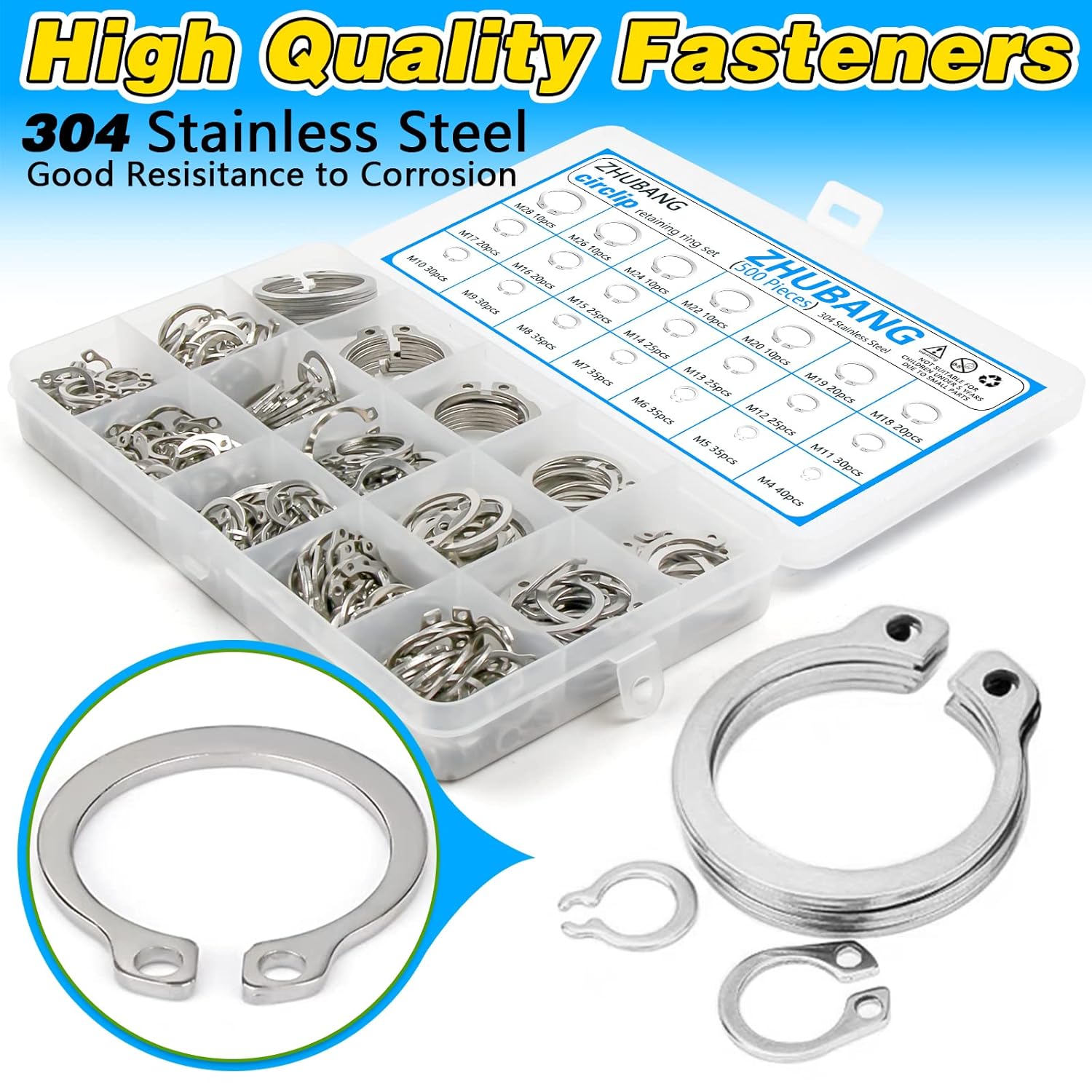 ZHUBANG 800Pcs C-clip External Retaining Rings Snap Rings Assortment Kit Circlip 304 Stainless Steel(M4-M28) + E-clip Assortment Set(1.5mm-10mm) + 5Pcs Snap Ring Plier + Tweezer