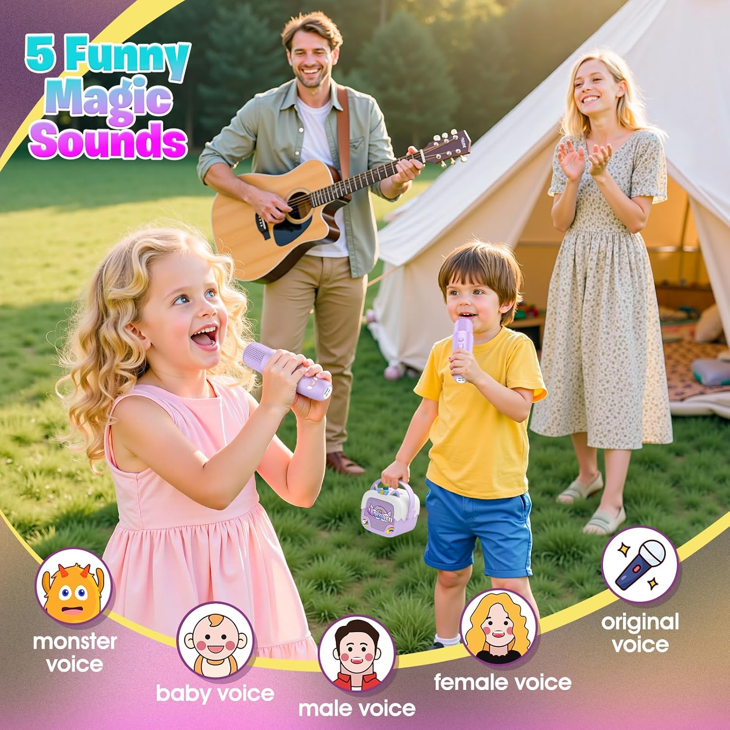 Demonstration of the five voice effects: monster, baby, male, female, and original voice, with children singing.