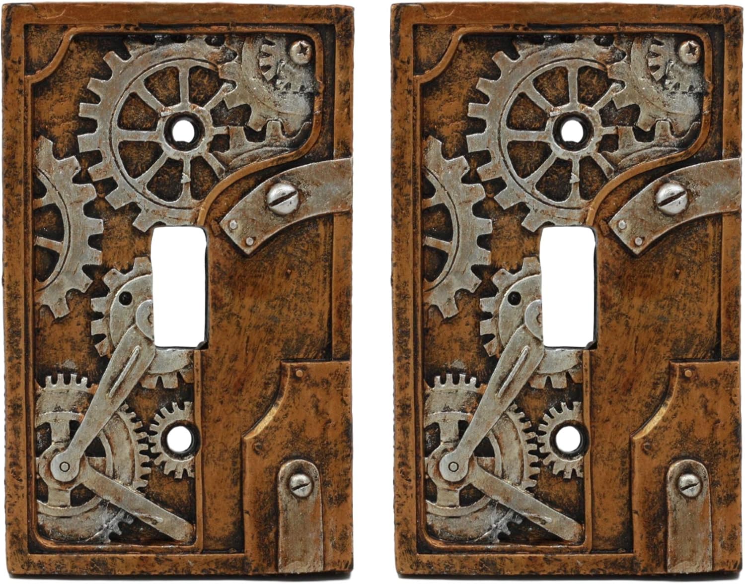 Ebros Novelty Steampunk Clockwork Gearwork Design Wall Light Switch Plate Set of 2 Hand Painted Sculpted Resin Home Decor Accessory For Fans Of Victorian Sci Fi (Gold Background Plate)