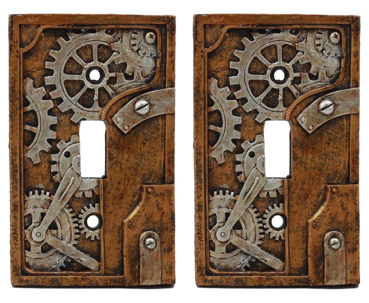 Ebros Novelty Steampunk Clockwork Gearwork Design Wall Light Switch Plate Set of 2 Hand Painted Sculpted Resin Home Decor Accessory For Fans Of Victorian Sci Fi (Gold Background Plate)
