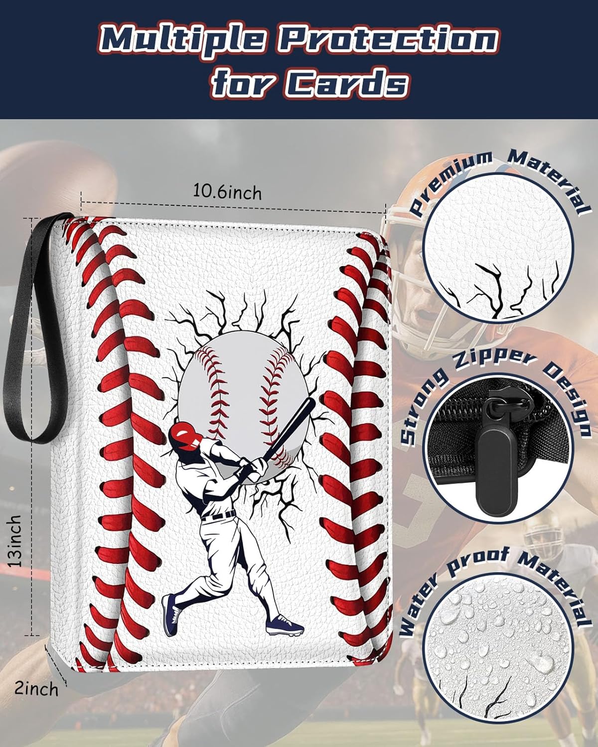 for 9 Pocket Trading Card Binder for 900 Cards - Large Capacity Card Collection Album Folder Double Sided Pocket with Zipper Baseball Design for Men Boys Teens for Sports Cards Game Cards