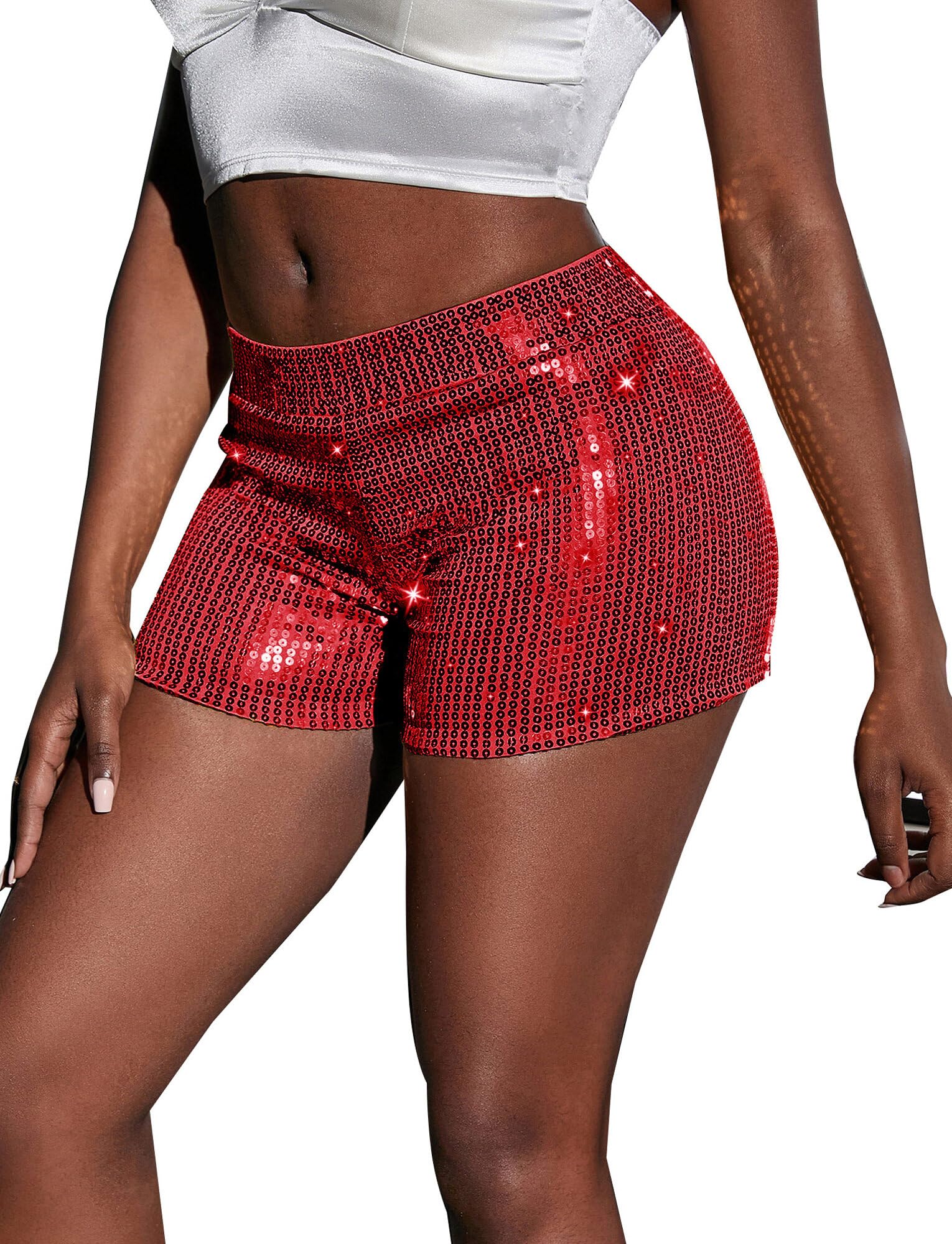 Women's Summer Sequin Shorts High Waist Casual Loose A Line Hot Pants Sparkly Clubwear Night-Out Skorts Dance Shorts for Club Bar Party L red